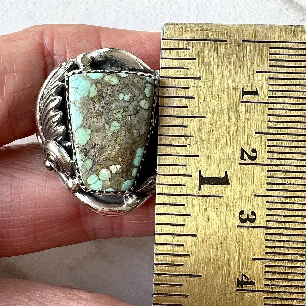 Navajo Mens Ring Sz 11 Turquoise #8 Leaf Feather Signed Morgan Sterling Native